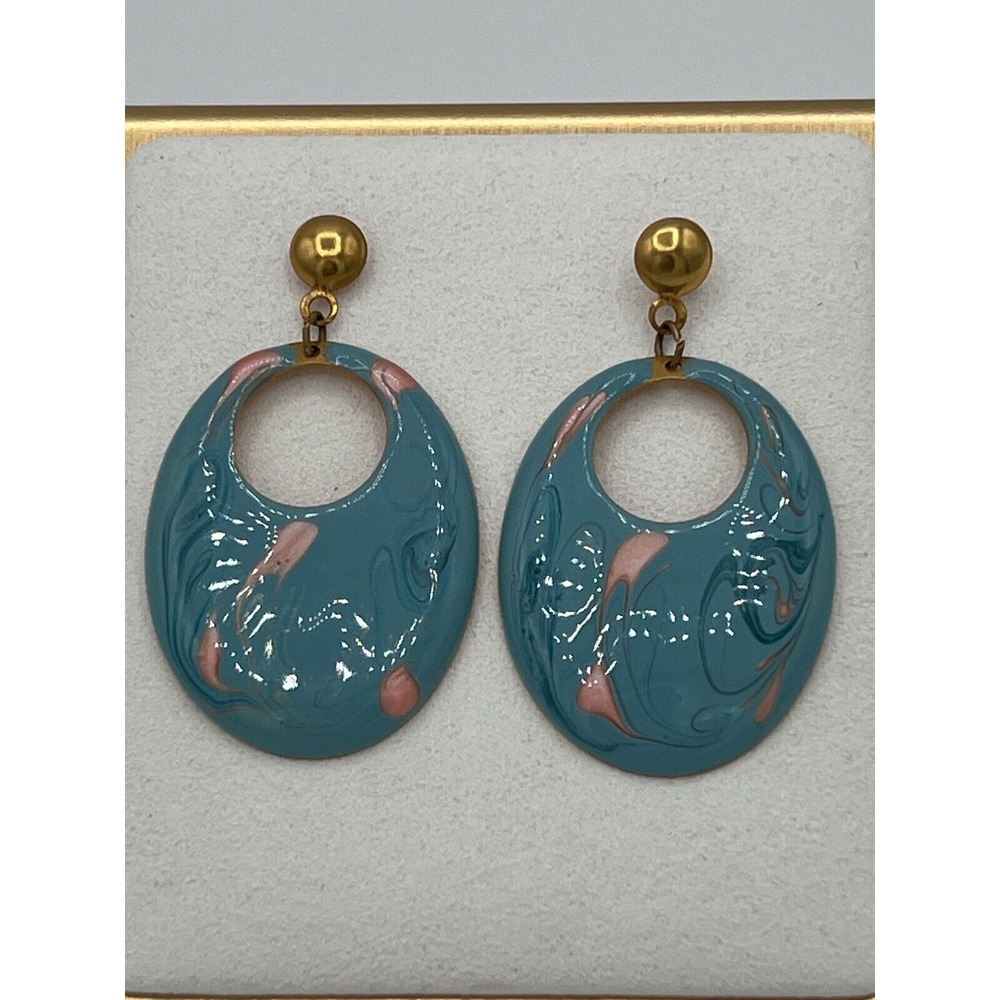 90s Vintage Oval Dangle Earrings Blue Pink Swirl Gold Tone Statement Jewelry